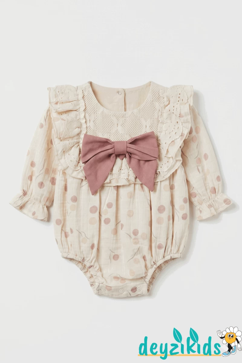 Fiyonklu Yaka Dantelli Detaylı Alttan Çıtçıtlı Astarlı Gale BABY romper Elbise 3-6/6-9/9-12/12-18 Aylık 94