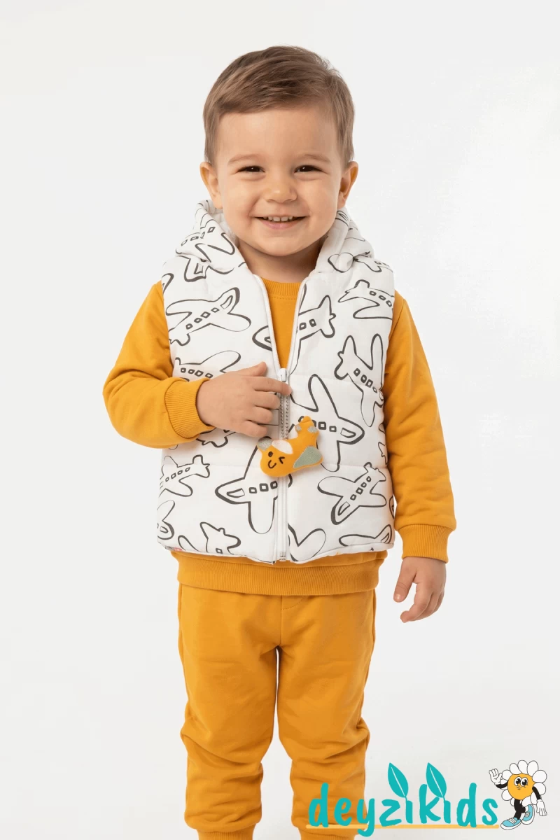 Uçak Baskılı Yelekli Alt Üst  3'lü Kız Takımı 9-18-24 Aylık
