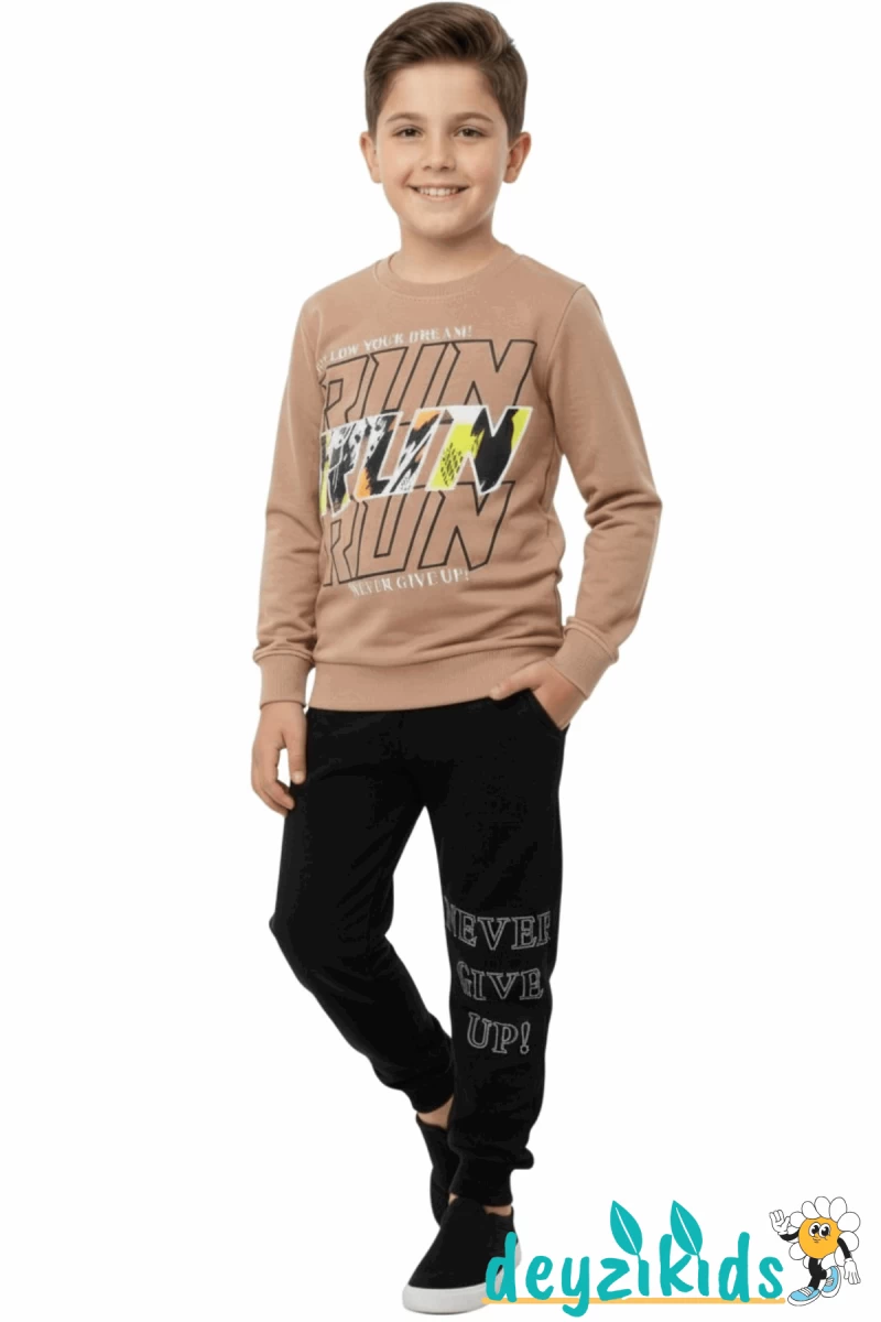 Mevsimlik Run Baskılı Sweat Eşorfman Alt Üst Takım 3-4-5-6-7-8 Yaş m01130