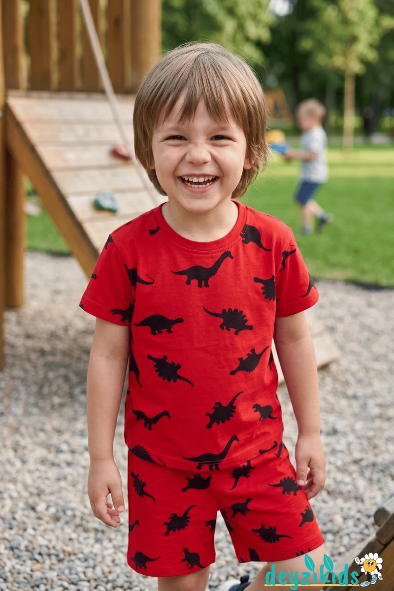 Dinozor Baskılı Kısa Kollu Bisiklet Yaka Beli Lastikli T-Shirt Şort Takım 2-3-4-5 Yaş