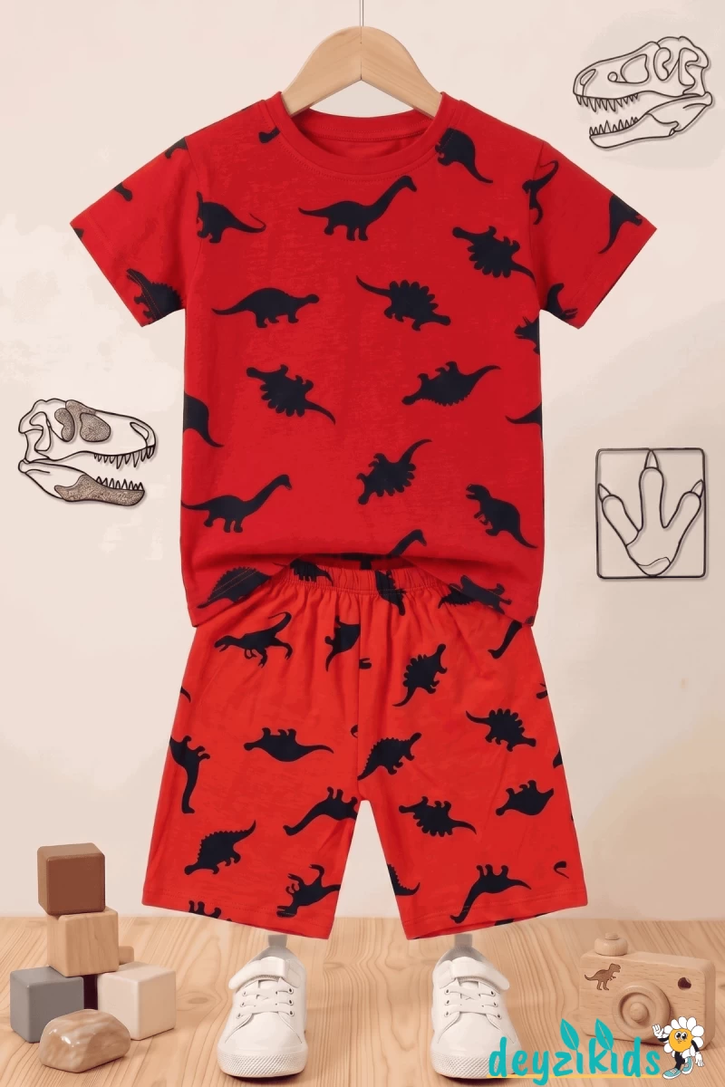 Dinozor Baskılı Kısa Kollu Bisiklet Yaka Beli Lastikli T-Shirt Şort Takım 2-3-4-5 Yaş