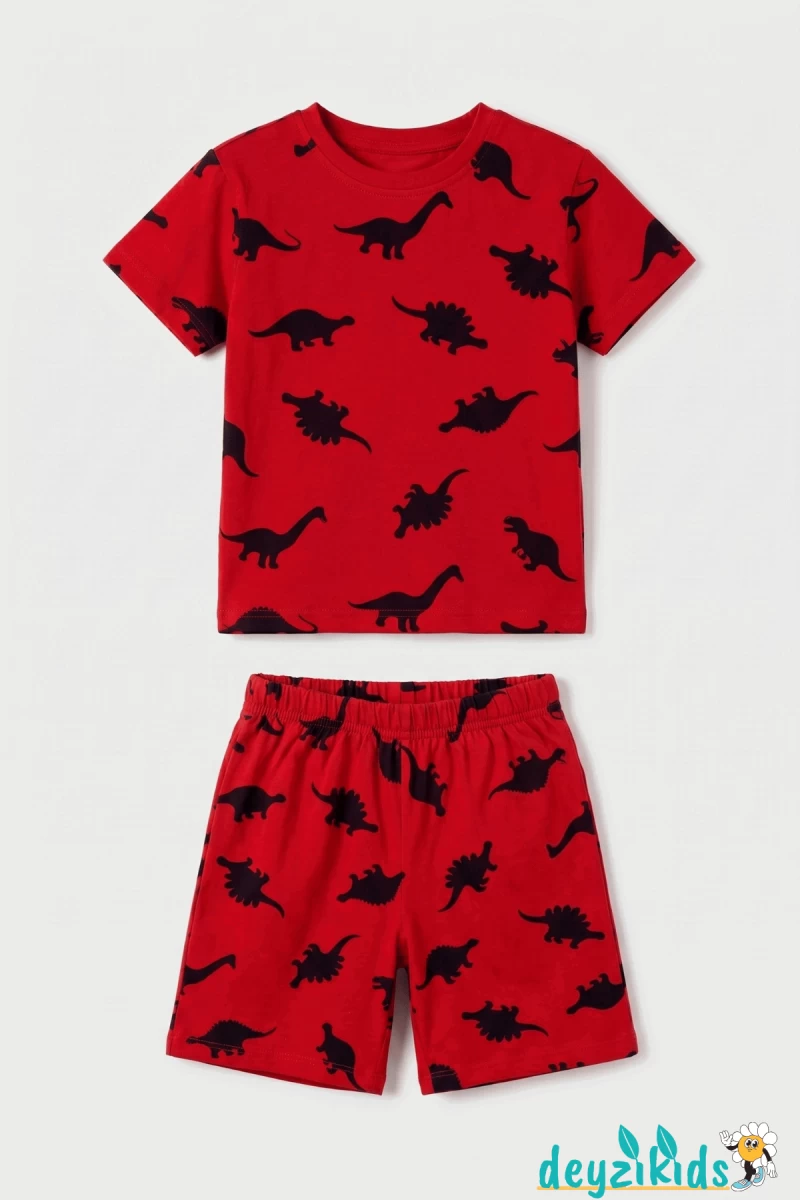 Dinozor Baskılı Kısa Kollu Bisiklet Yaka Beli Lastikli T-Shirt Şort Takım 2-3-4-5 Yaş