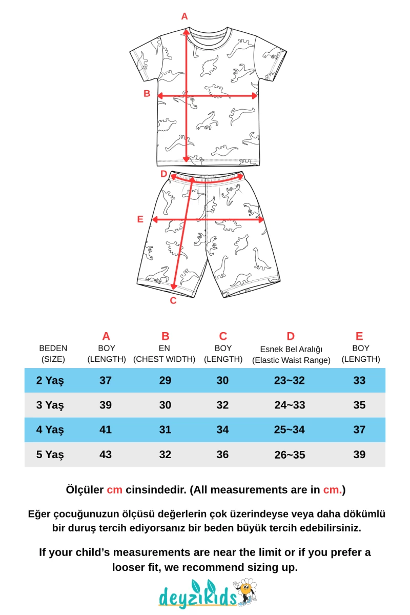 Dinozor Baskılı Kısa Kollu Bisiklet Yaka Beli Lastikli T-Shirt Şort Takım 2-3-4-5 Yaş