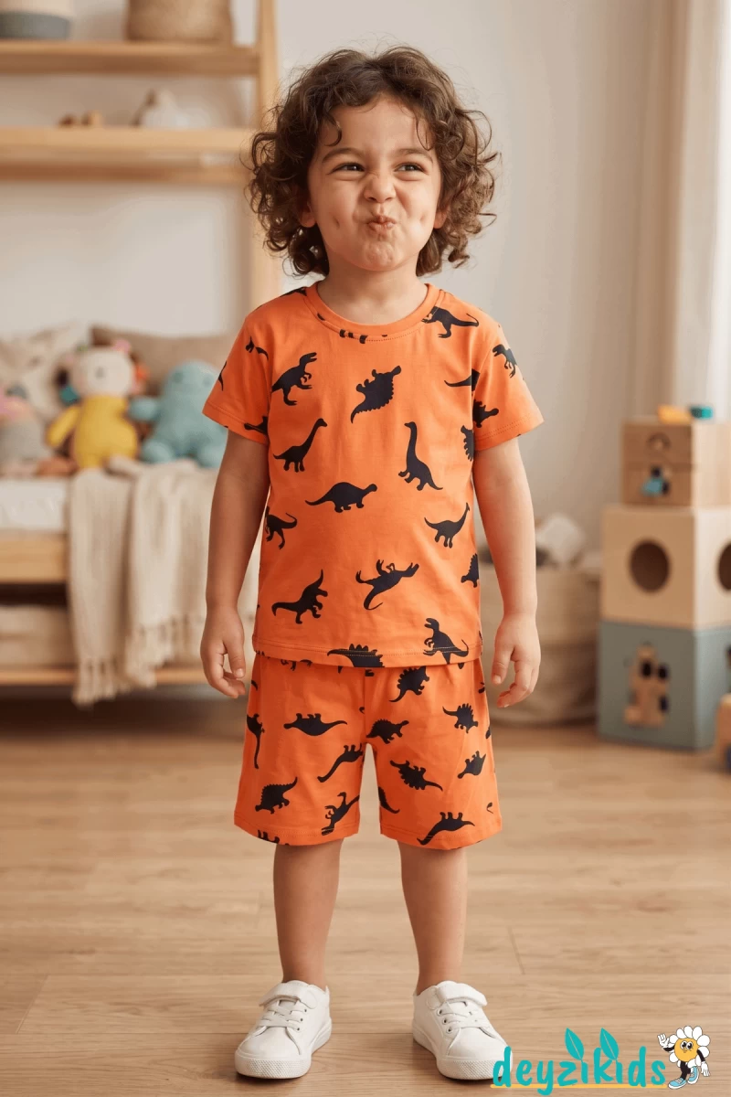 Dinozor Baskılı Kısa Kollu Bisiklet Yaka Beli Lastikli T-Shirt Şort Takım 2-3-4-5 Yaş