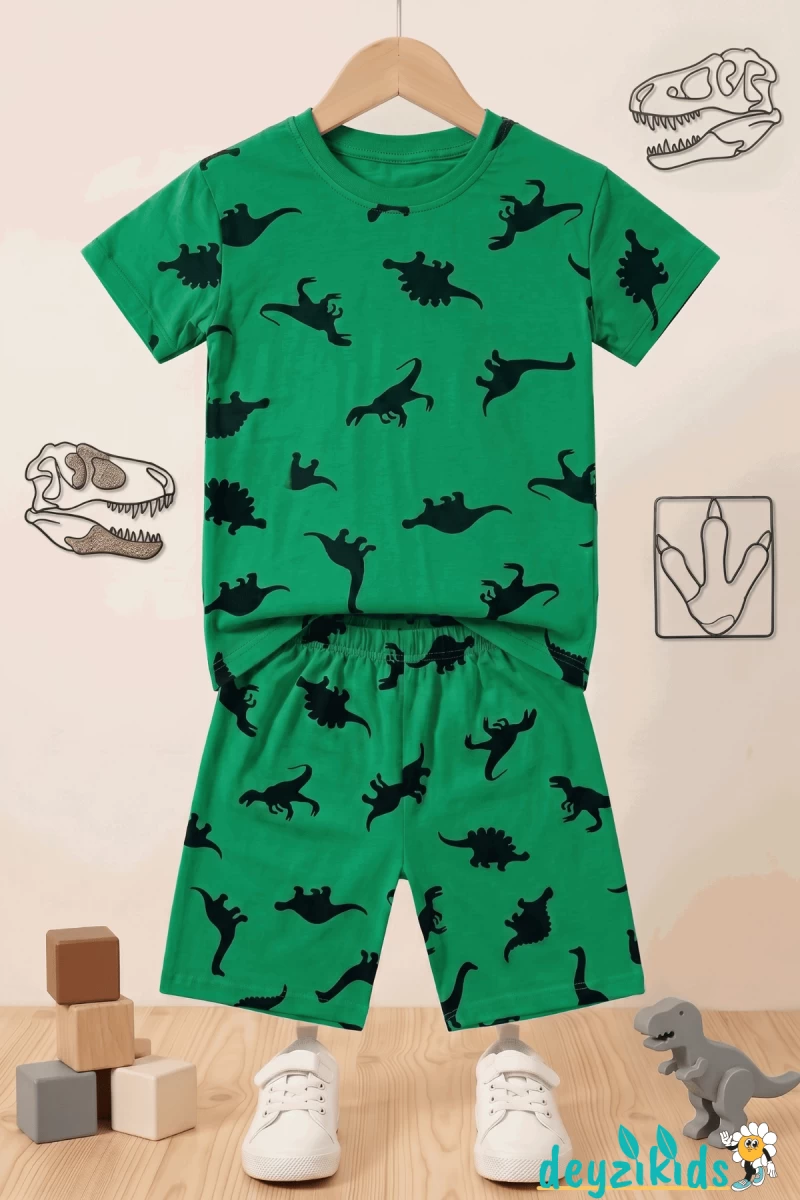Dinozor Baskılı Kısa Kollu Bisiklet Yaka Beli Lastikli T-Shirt Şort Takım 2-3-4-5 Yaş