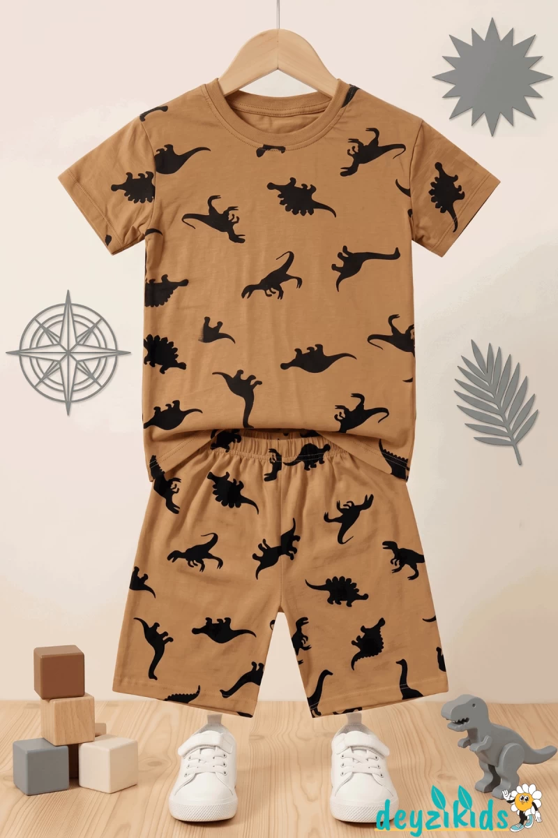 Dinozor Baskılı Kısa Kollu Bisiklet Yaka Beli Lastikli T-Shirt Şort Takım 2-3-4-5 Yaş