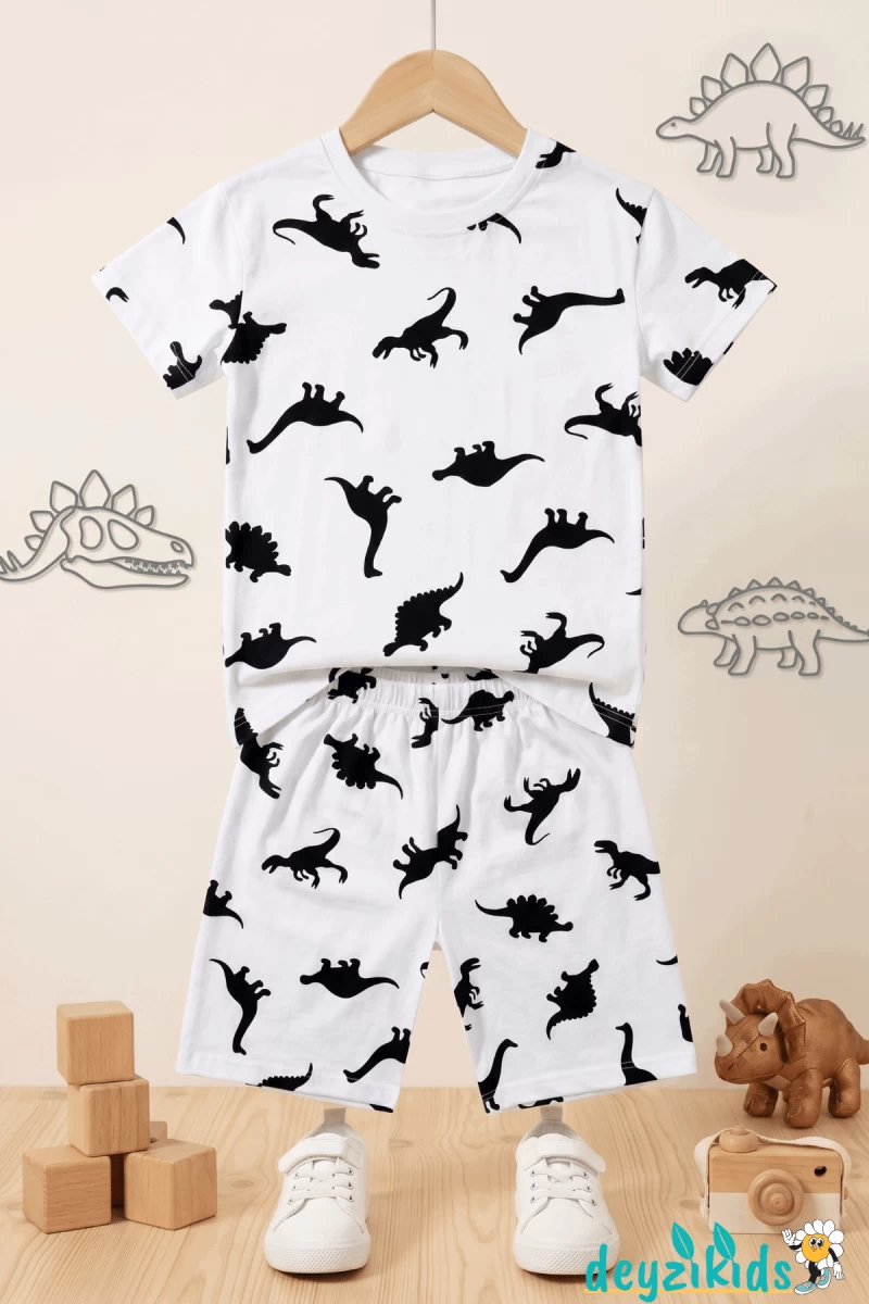 Dinozor Baskılı Kısa Kollu Bisiklet Yaka Beli Lastikli T-Shirt Şort Takım 2-3-4-5 Yaş