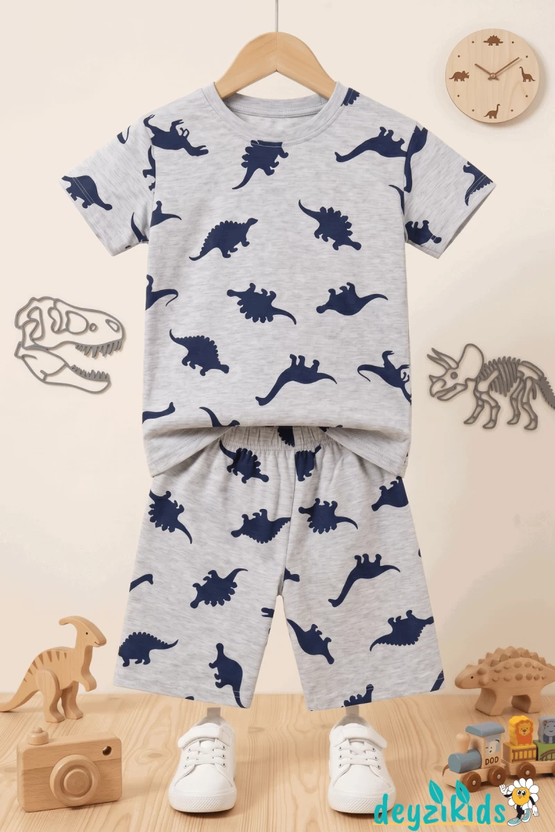 Dinozor Baskılı Kısa Kollu Bisiklet Yaka Beli Lastikli T-Shirt Şort Takım 2-3-4-5 Yaş