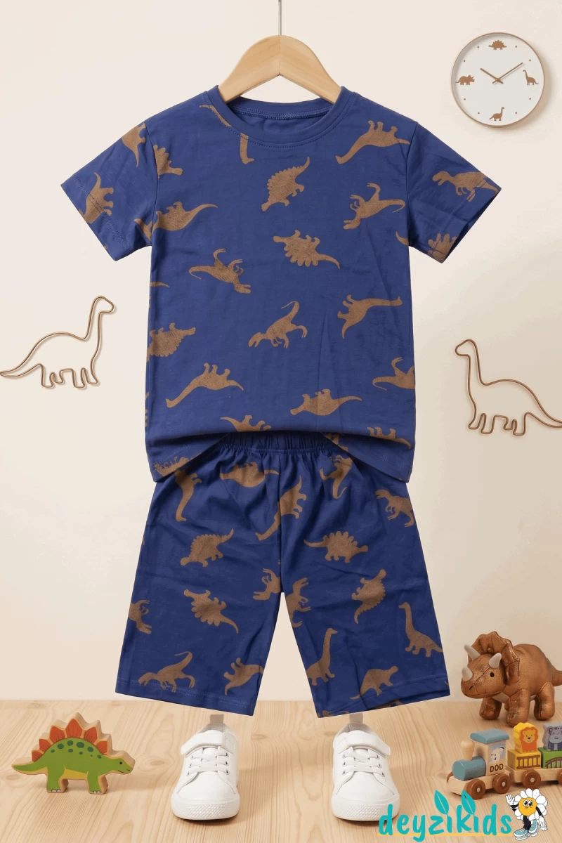 Dinozor Baskılı Kısa Kollu Bisiklet Yaka Beli Lastikli T-Shirt Şort Takım 2-3-4-5 Yaş
