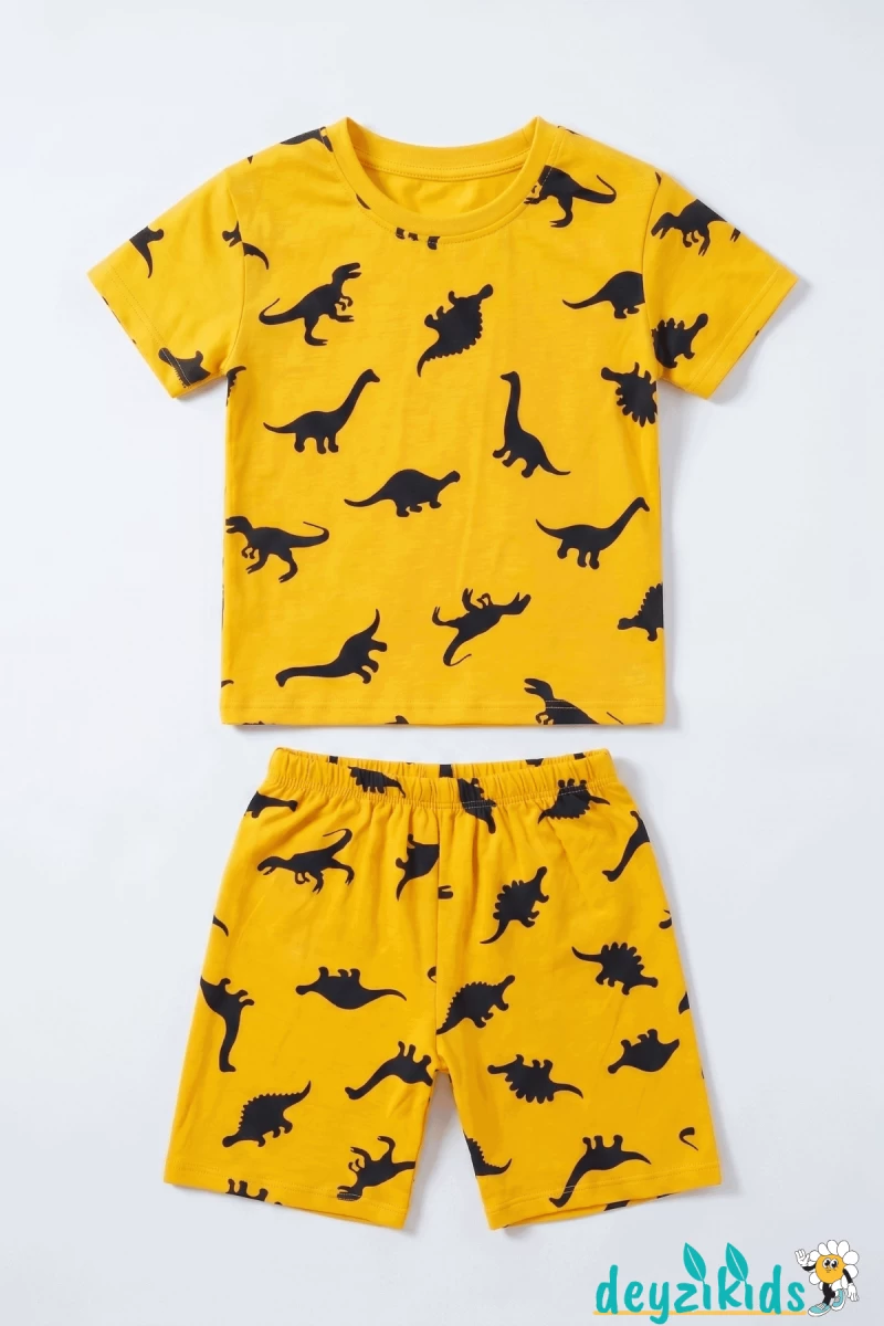 Dinozor Baskılı Kısa Kollu Bisiklet Yaka Beli Lastikli T-Shirt Şort Takım 2-3-4-5 Yaş