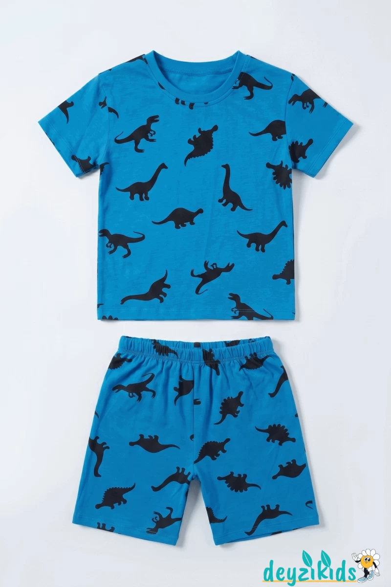 Dinozor Baskılı Kısa Kollu Bisiklet Yaka Beli Lastikli T-Shirt Şort Takım 2-3-4-5 Yaş