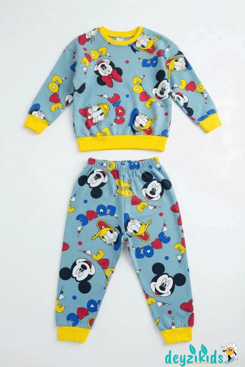 Love Mickey Mouse Baskılı Çizgi Karakter Pijama Mevsimlik Uzun Kollu Takımı 3-4-5-6-7-8-9-10-11-12 Yaş
