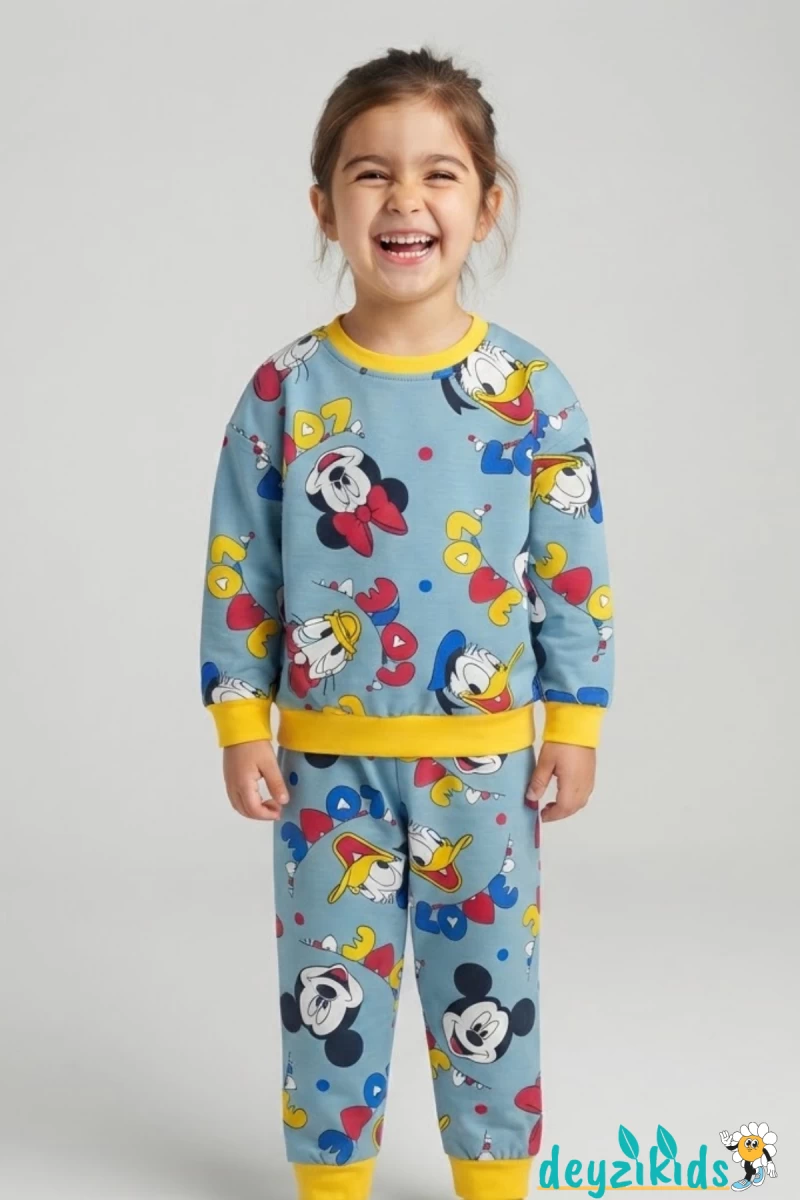 Love Mickey Mouse Baskılı Çizgi Karakter Pijama Mevsimlik Uzun Kollu Takımı 3-4-5-6-7-8-9-10-11-12 Yaş