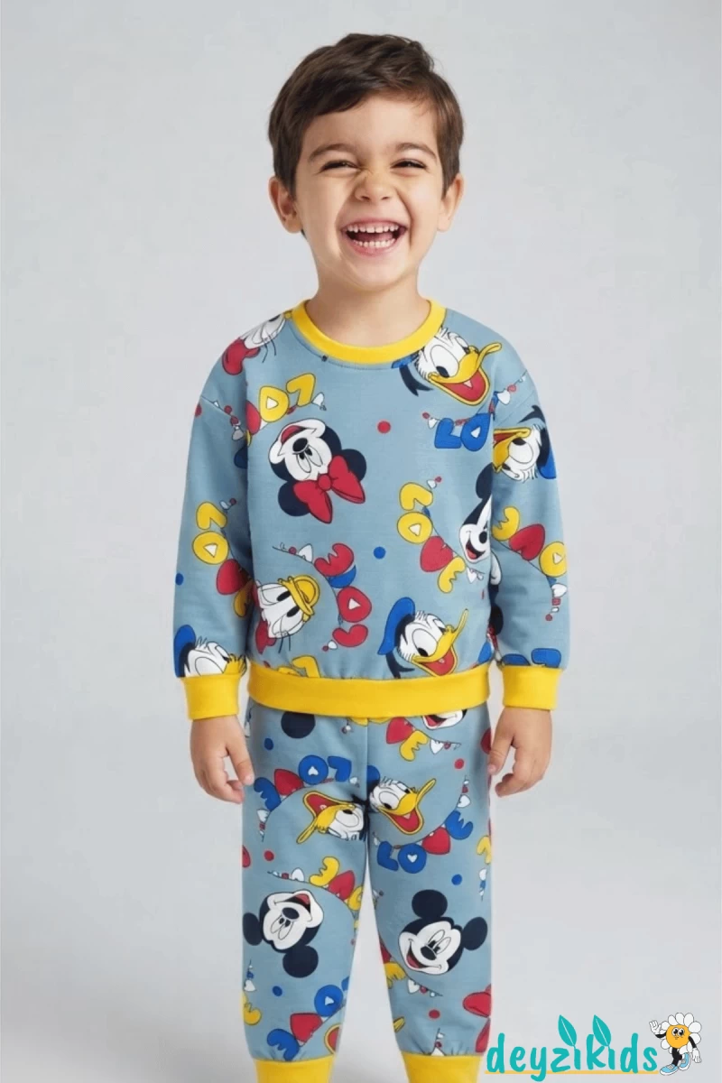 Love Mickey Mouse Baskılı Çizgi Karakter Pijama Mevsimlik Uzun Kollu Takımı 3-4-5-6-7-8-9-10-11-12 Yaş