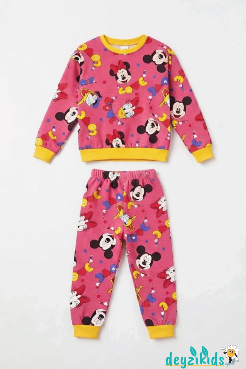 Love Mickey Mouse Baskılı Çizgi Karakter Pijama Mevsimlik Uzun Kollu Takımı 3-4-5-6-7-8-9-10-11-12 Yaş