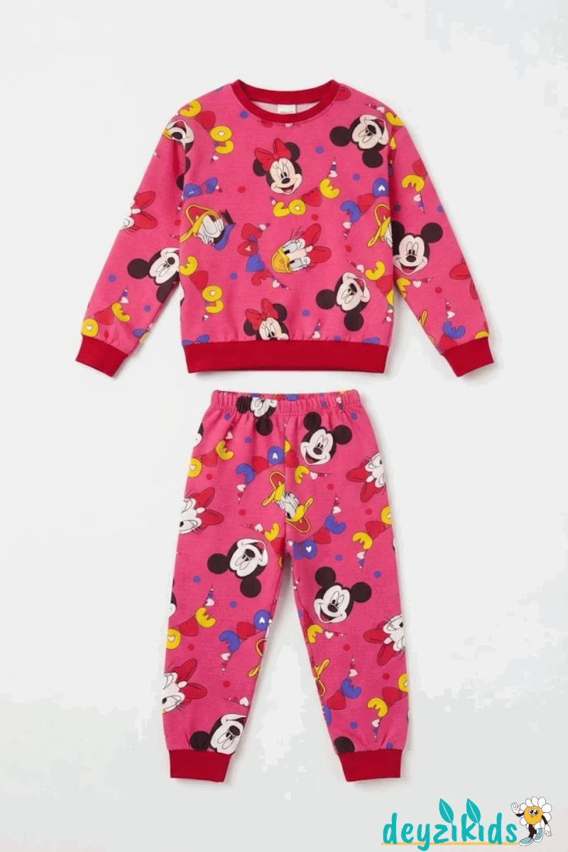 Love Mickey Mouse Baskılı Çizgi Karakter Pijama Mevsimlik Uzun Kollu Takımı 3-4-5-6-7-8-9-10-11-12 Yaş