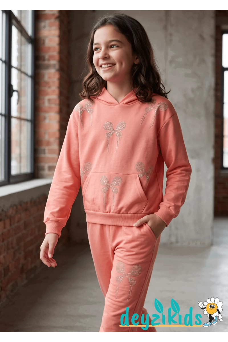 Kelebek Baskılı Uzun Kollu Sweatshirt Beli Lastikli Geniş Paça Kız Mevsimlik Uzun Kollu Takımı 2-3-4-5-6 Yaş