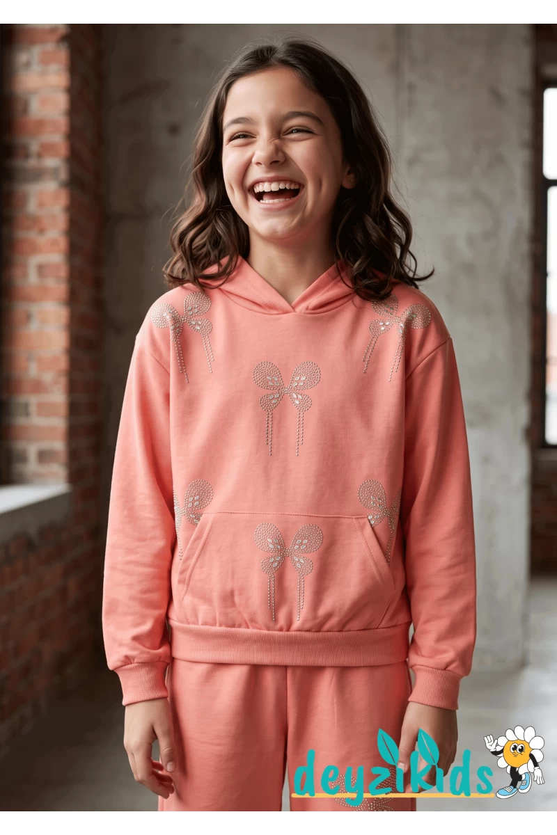 Kelebek Baskılı Uzun Kollu Sweatshirt Beli Lastikli Geniş Paça Kız Mevsimlik Uzun Kollu Takımı 2-3-4-5-6 Yaş