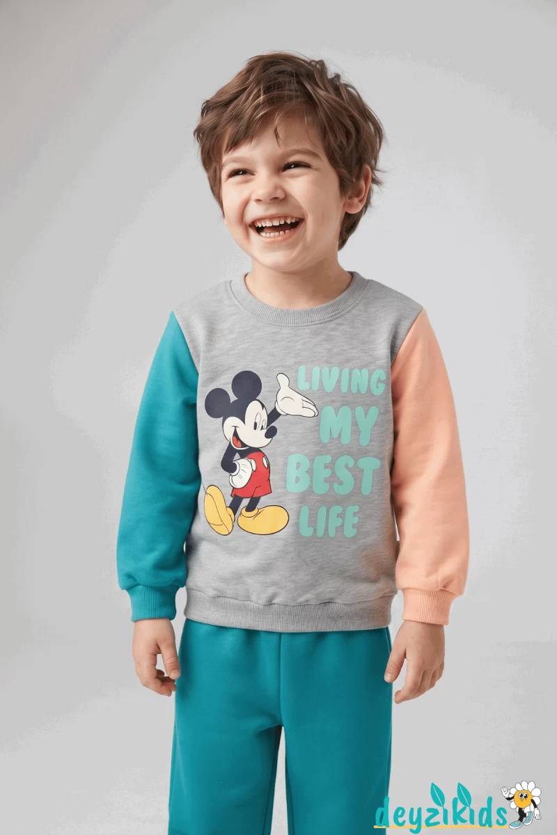 Lıvıng My Best Lıfe  Mıckey Mouse Baskılı Kolları Renkli  2 İp Alt Üst Mevsimlik Uzun Kollu Takım 24 Aylık 2-3-4-5-6- Yaş