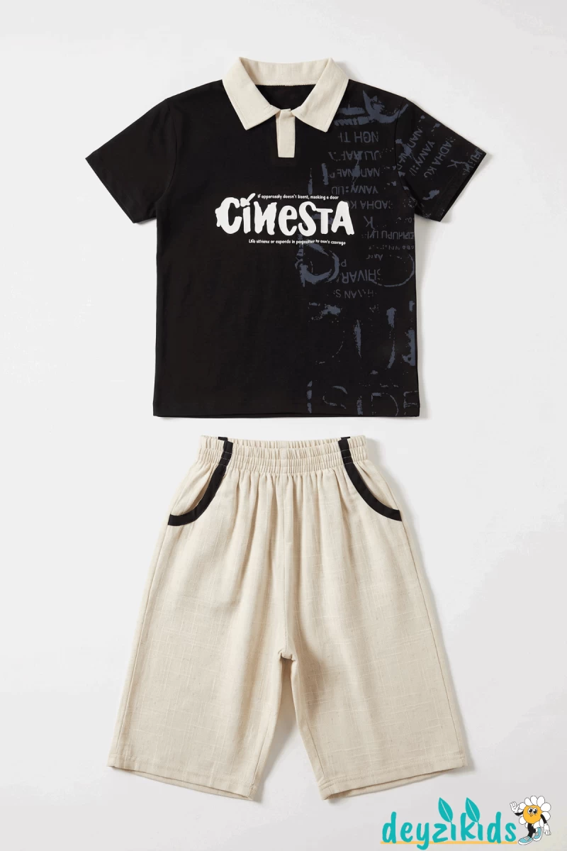 Cinesta Baskılı Yaka Kısa Kollu Esnek Kumaş Yaka T-shirt Beli Lastikli Short Alt Üst Yaz Takım 3-4-5-6-7-8-9-10-11-12 Yaş