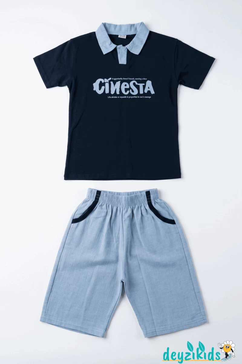 Cinesta Baskılı Yaka Kısa Kollu Esnek Kumaş Yaka T-shirt Beli Lastikli Short Alt Üst Yaz Takım 3-4-5-6-7-8-9-10-11-12 Yaş