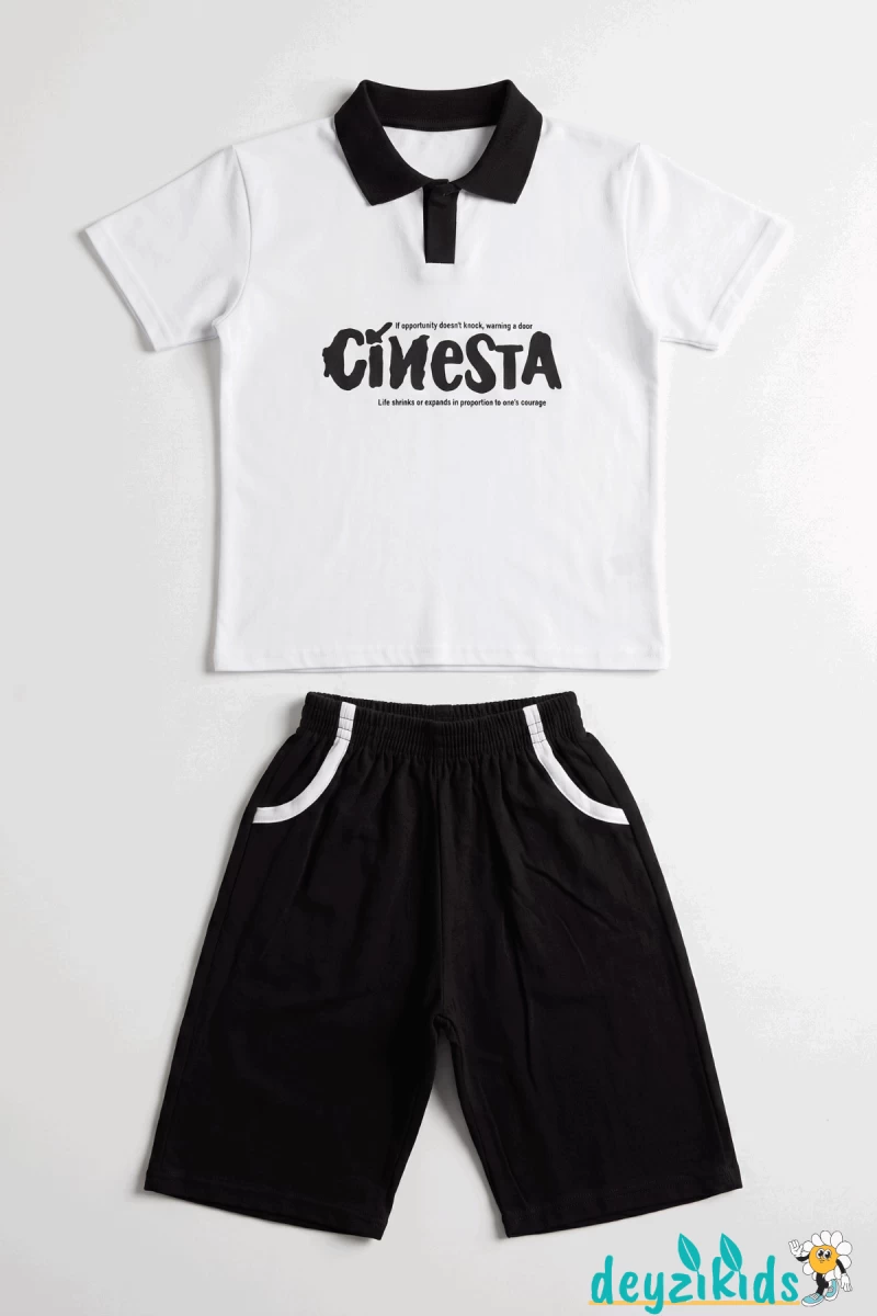 Cinesta Baskılı Yaka Kısa Kollu Esnek Kumaş Yaka T-shirt Beli Lastikli Short Alt Üst Yaz Takım 3-4-5-6-7-8-9-10-11-12 Yaş