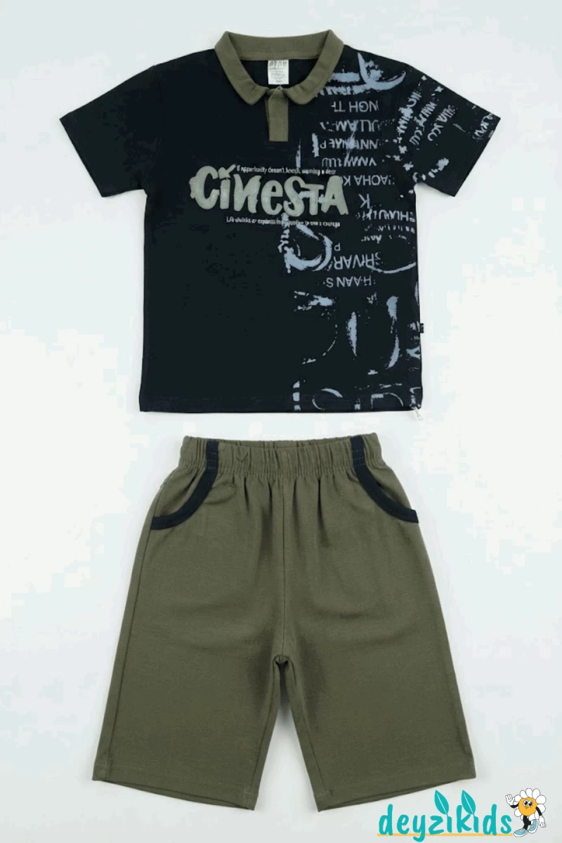 Cinesta Baskılı Yaka Kısa Kollu Esnek Kumaş Yaka T-shirt Beli Lastikli Short Alt Üst Yaz Takım 3-4-5-6-7-8-9-10-11-12 Yaş