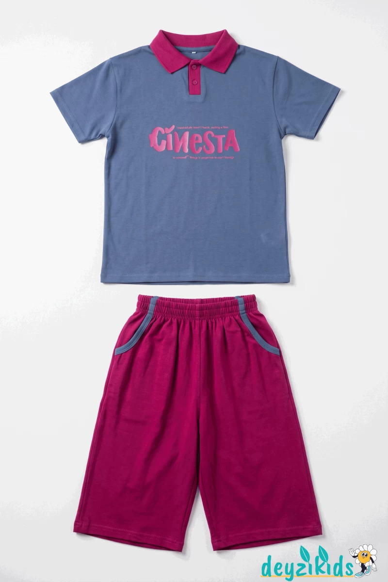 Cinesta Baskılı Yaka Kısa Kollu Esnek Kumaş Yaka T-shirt Beli Lastikli Short Alt Üst Yaz Takım 3-4-5-6-7-8-9-10-11-12 Yaş