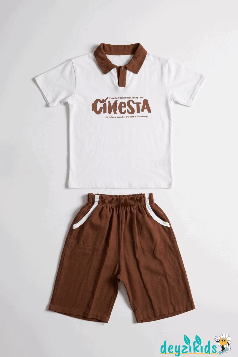 Cinesta Baskılı Yaka Kısa Kollu Esnek Kumaş Yaka T-shirt Beli Lastikli Short Alt Üst Yaz Takım 3-4-5-6-7-8-9-10-11-12 Yaş