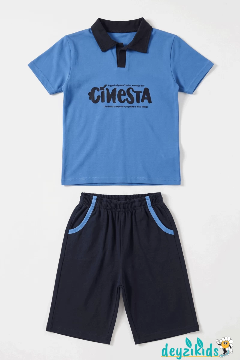 Cinesta Baskılı Yaka Kısa Kollu Esnek Kumaş Yaka T-shirt Beli Lastikli Short Alt Üst Yaz Takım 3-4-5-6-7-8-9-10-11-12 Yaş