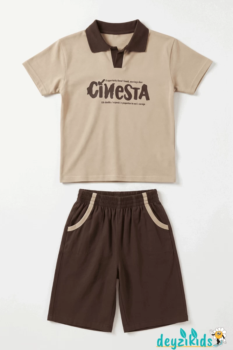 Cinesta Baskılı Yaka Kısa Kollu Esnek Kumaş Yaka T-shirt Beli Lastikli Short Alt Üst Yaz Takım 3-4-5-6-7-8-9-10-11-12 Yaş