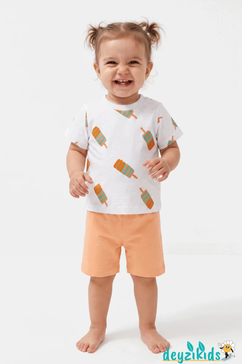 Twister Dondurma Baskılı Yuvarlak Bisiklet Yaka Kısa Kollu Esnek Kumaş Alt Üst Takım T-shirt Şort  6-24 Aylık 2-6 Yaş