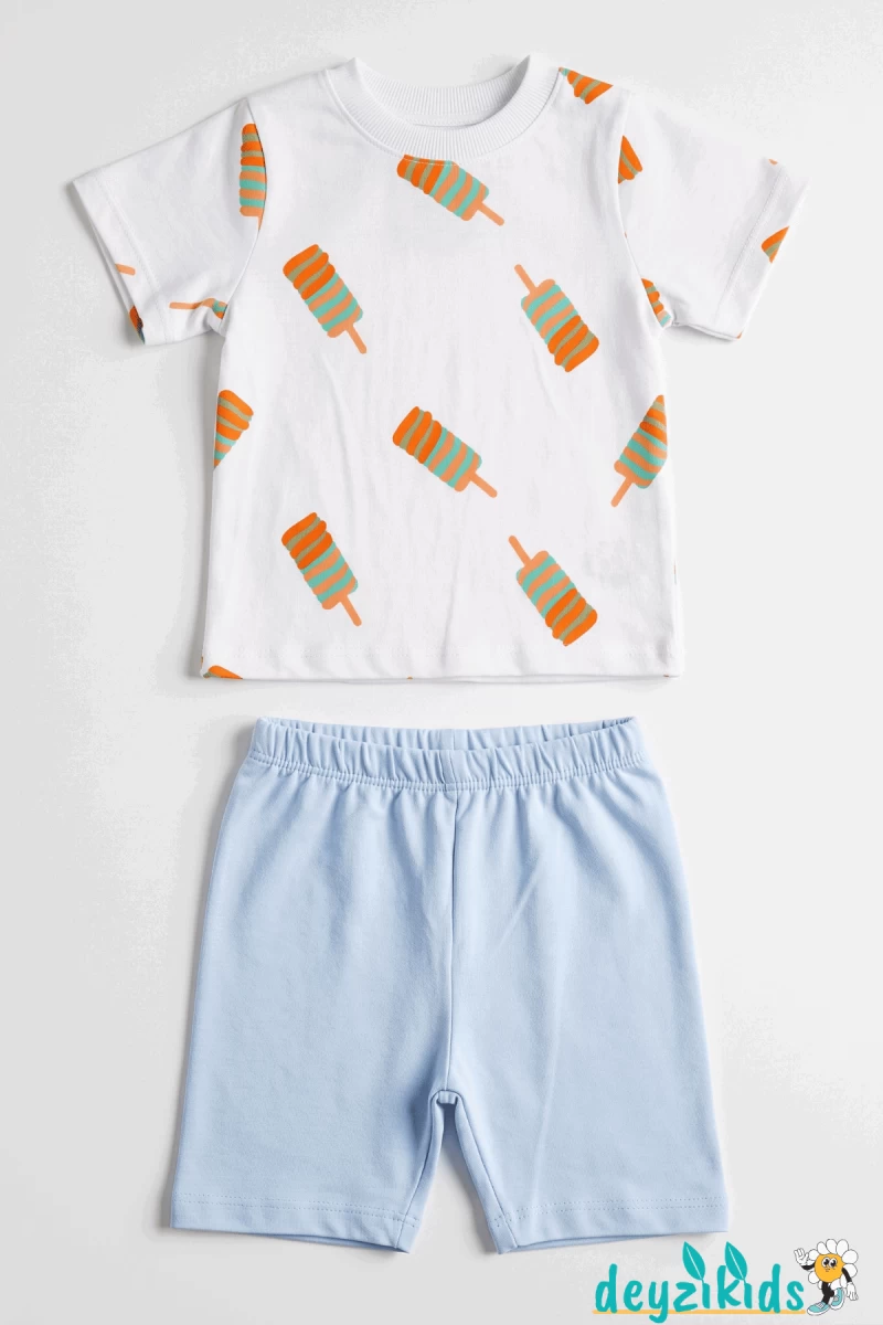 Twister Dondurma Baskılı Yuvarlak Bisiklet Yaka Kısa Kollu Esnek Kumaş Alt Üst Takım T-shirt Şort  6-24 Aylık 2-6 Yaş