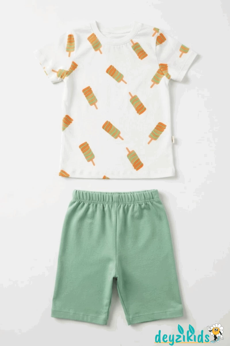 Twister Dondurma Baskılı Yuvarlak Bisiklet Yaka Kısa Kollu Esnek Kumaş Alt Üst Takım T-shirt Şort  6-24 Aylık 2-6 Yaş