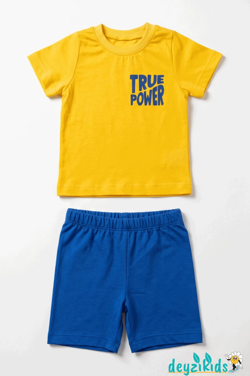 True Power Baskılı Yuvarlak Bisiklet Yaka Kısa Kollu Esnek Kumaş Alt Üst Takım T-shirt Şort  6-9-12-18-24 Aylık 2-3-4-5-6 Yaş