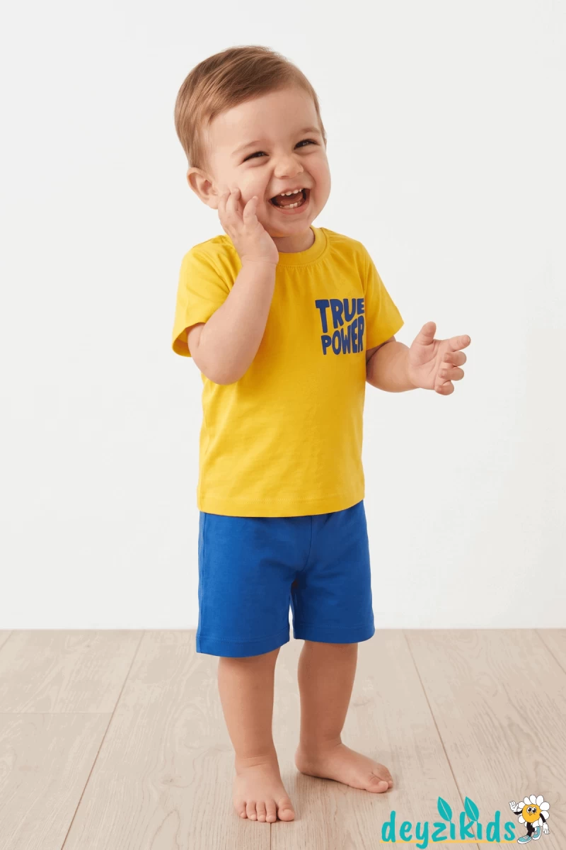 True Power Baskılı Yuvarlak Bisiklet Yaka Kısa Kollu Esnek Kumaş Alt Üst Takım T-shirt Şort  6-9-12-18-24 Aylık 2-3-4-5-6 Yaş
