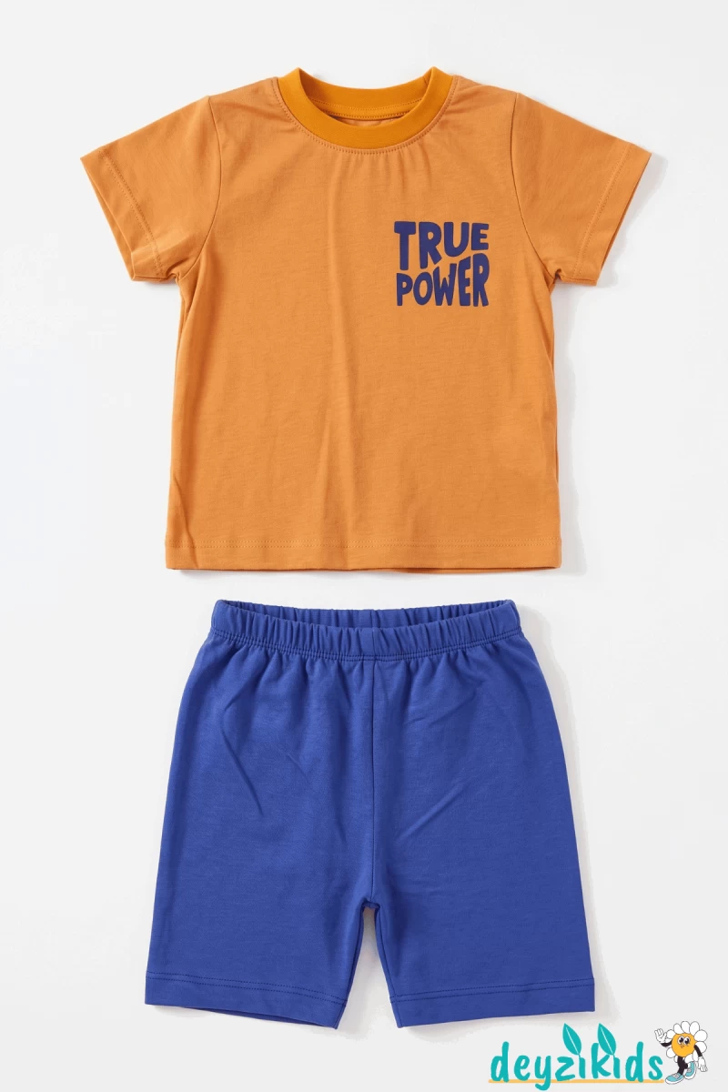True Power Baskılı Yuvarlak Bisiklet Yaka Kısa Kollu Esnek Kumaş Alt Üst Takım T-shirt Şort  6-9-12-18-24 Aylık 2-3-4-5-6 Yaş