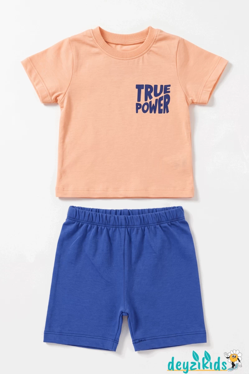 True Power Baskılı Yuvarlak Bisiklet Yaka Kısa Kollu Esnek Kumaş Alt Üst Takım T-shirt Şort  6-9-12-18-24 Aylık 2-3-4-5-6 Yaş