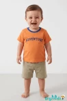 Adventure Baskılı Yuvarlak Bisiklet Yaka Kısa Kollu Esnek Kumaş Alt Üst Takım T-shirt Şort  6-9-12-18-24 Aylık 2-3-4-5-6 Yaş