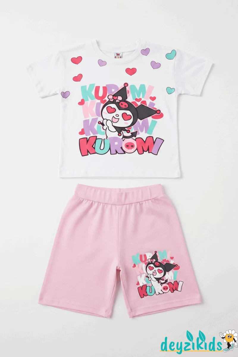 Kurdelalı Kuromi Beyaza Kalp Baskılı Kısa Kollu Esnek Kumaş Yuvarlak Bisiklet Yaka T-shirt Beli Lastikli Short Alt Üst Takım