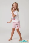 Kurdelalı Kuromi Beyaza Kalp Baskılı Kısa Kollu Esnek Kumaş Yuvarlak Bisiklet Yaka T-shirt Beli Lastikli Short Alt Üst Takım