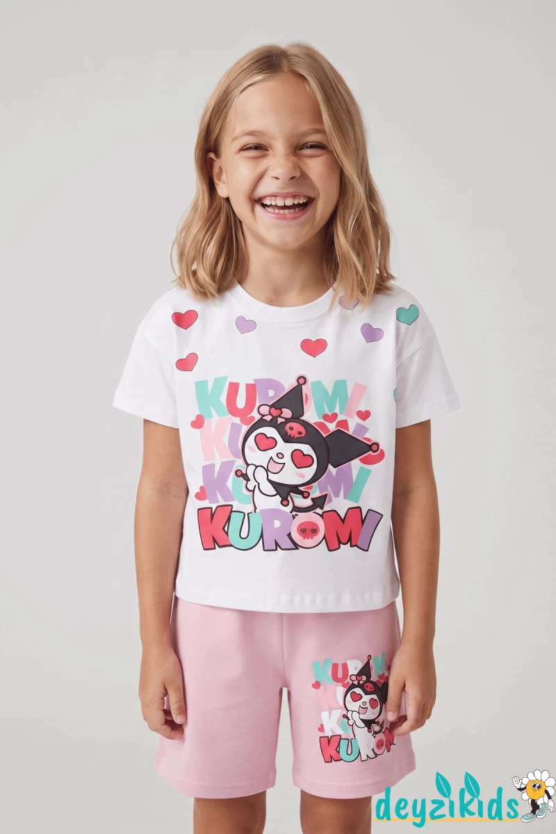 Kurdelalı Kuromi Beyaza Kalp Baskılı Kısa Kollu Esnek Kumaş Yuvarlak Bisiklet Yaka T-shirt Beli Lastikli Short Alt Üst Takım