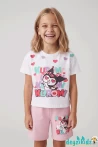 Kurdelalı Kuromi Beyaza Kalp Baskılı Kısa Kollu Esnek Kumaş Yuvarlak Bisiklet Yaka T-shirt Beli Lastikli Short Alt Üst Takım