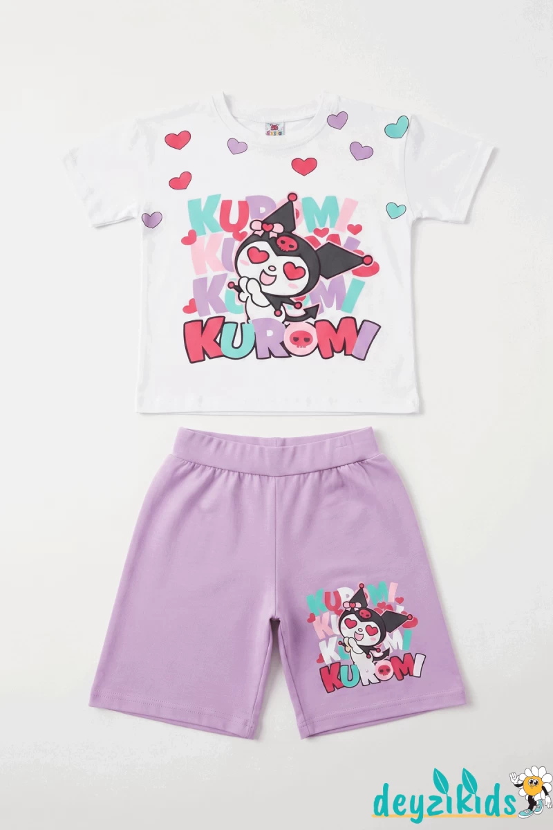 Kurdelalı Kuromi Beyaza Kalp Baskılı Kısa Kollu Esnek Kumaş Yuvarlak Bisiklet Yaka T-shirt Beli Lastikli Short Alt Üst Takım