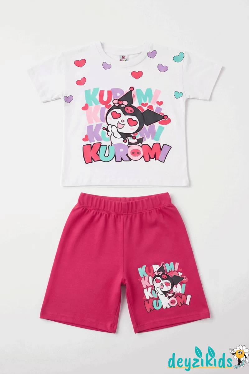 Kurdelalı Kuromi Beyaza Kalp Baskılı Kısa Kollu Esnek Kumaş Yuvarlak Bisiklet Yaka T-shirt Beli Lastikli Short Alt Üst Takım