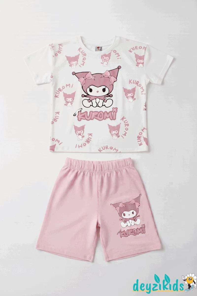 Kurdelalı Kuromi Beyaza Baskılı Kısa Kollu Esnek Kumaş Yuvarlak Bisiklet Yaka T-shirt Beli Lastikli Short Alt Üst Takım