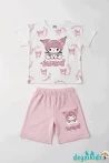 Kurdelalı Kuromi Beyaza Baskılı Kısa Kollu Esnek Kumaş Yuvarlak Bisiklet Yaka T-shirt Beli Lastikli Short Alt Üst Takım