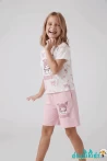 Kurdelalı Kuromi Beyaza Baskılı Kısa Kollu Esnek Kumaş Yuvarlak Bisiklet Yaka T-shirt Beli Lastikli Short Alt Üst Takım