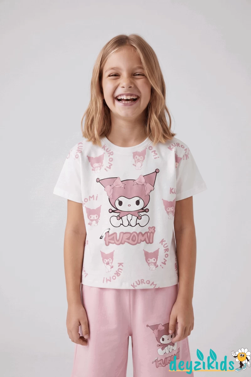 Kurdelalı Kuromi Beyaza Baskılı Kısa Kollu Esnek Kumaş Yuvarlak Bisiklet Yaka T-shirt Beli Lastikli Short Alt Üst Takım