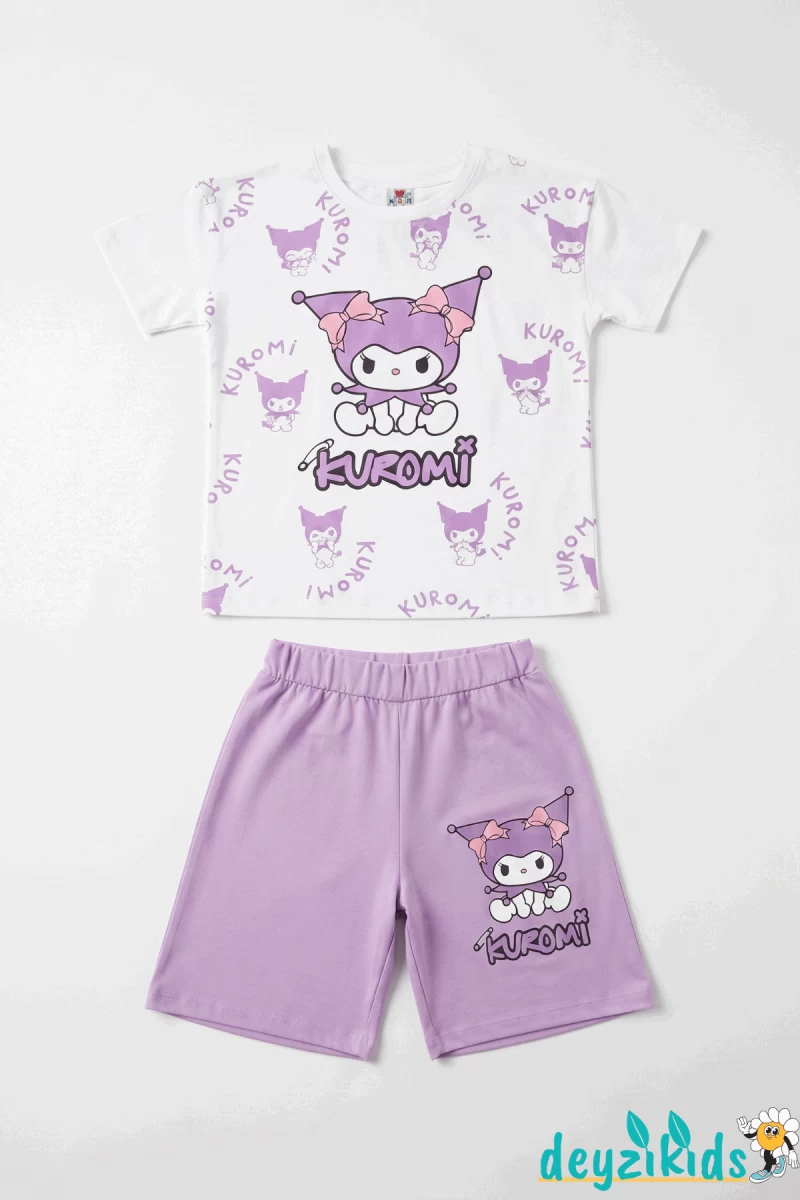 Kurdelalı Kuromi Beyaza Baskılı Kısa Kollu Esnek Kumaş Yuvarlak Bisiklet Yaka T-shirt Beli Lastikli Short Alt Üst Takım